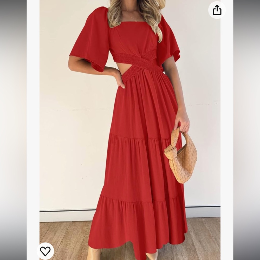LEANI Red Cutout Maxi Dress Square Neck Short Sleeve Small Casual Party Dresses - Picture 3 of 5